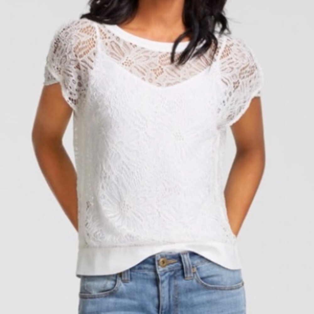 CABI Sheer Lace Top Style #5342 White Double Snap